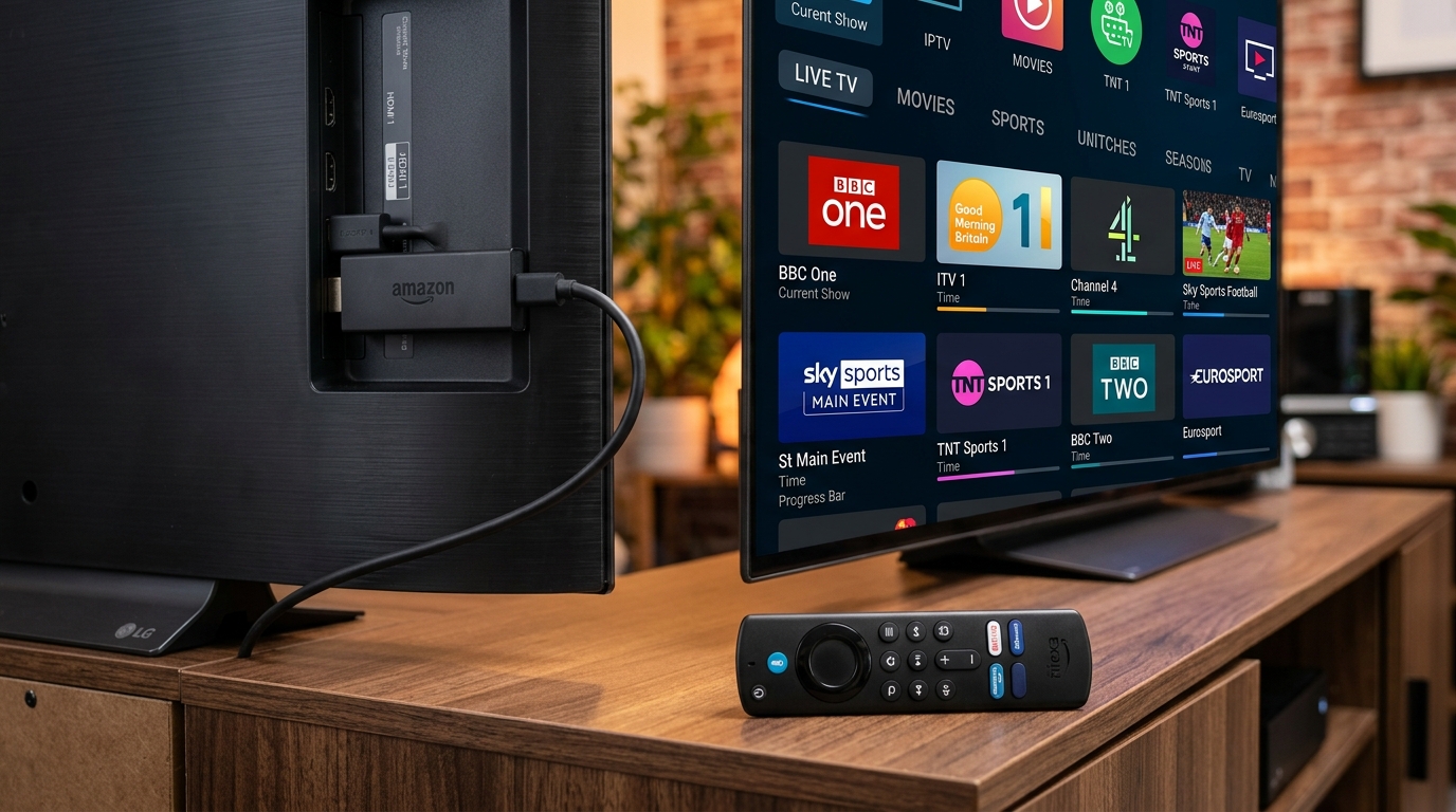 Amazon Fire TV Stick 4K Max plugged into a TV displaying IPTV UK live football channels